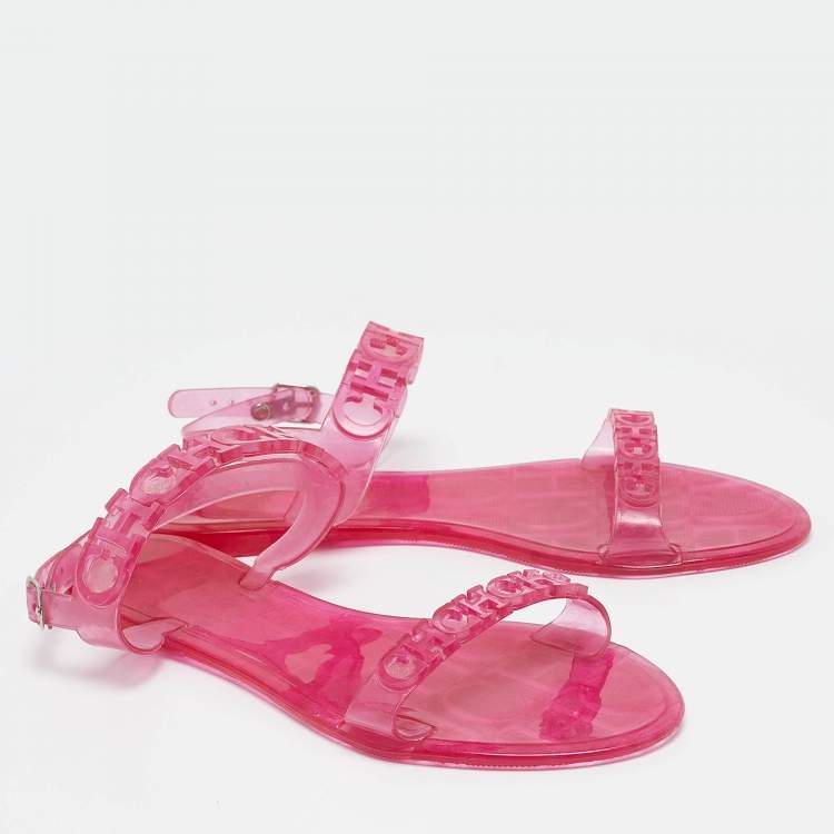 Pre Owned CH Carolina Herrera Pink Jelly Ankle Strap Flat Sandals Size 37