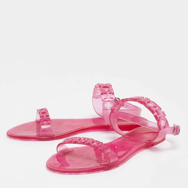 Pre Owned CH Carolina Herrera Pink Jelly Ankle Strap Flat Sandals Size 37