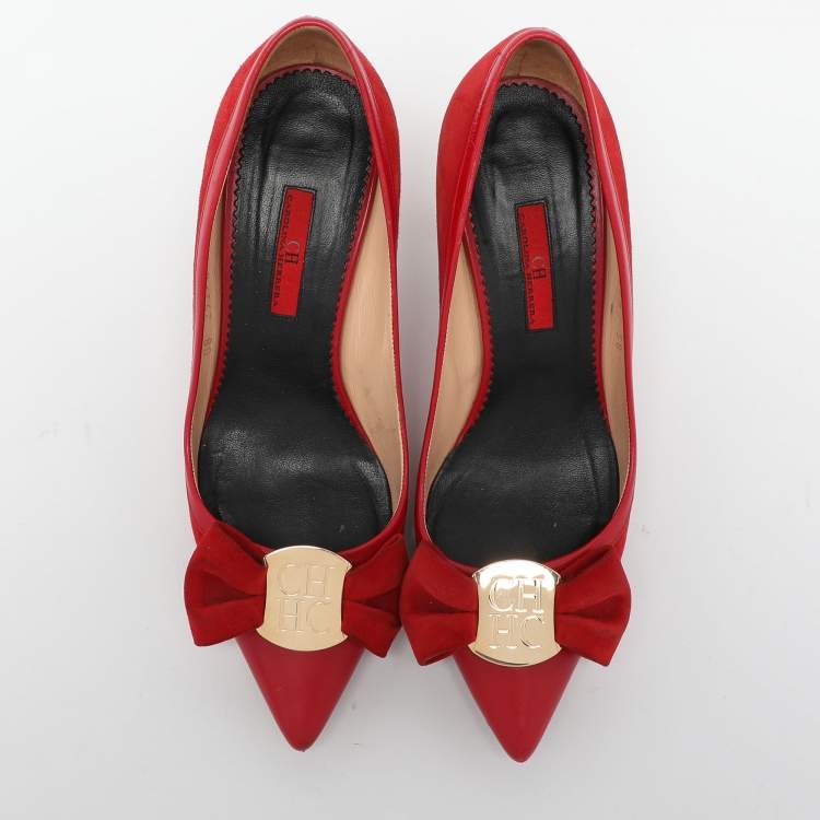 Pre Owned CH Carolina Herrera Red Suede Bow Block Heel Pumps Size 38