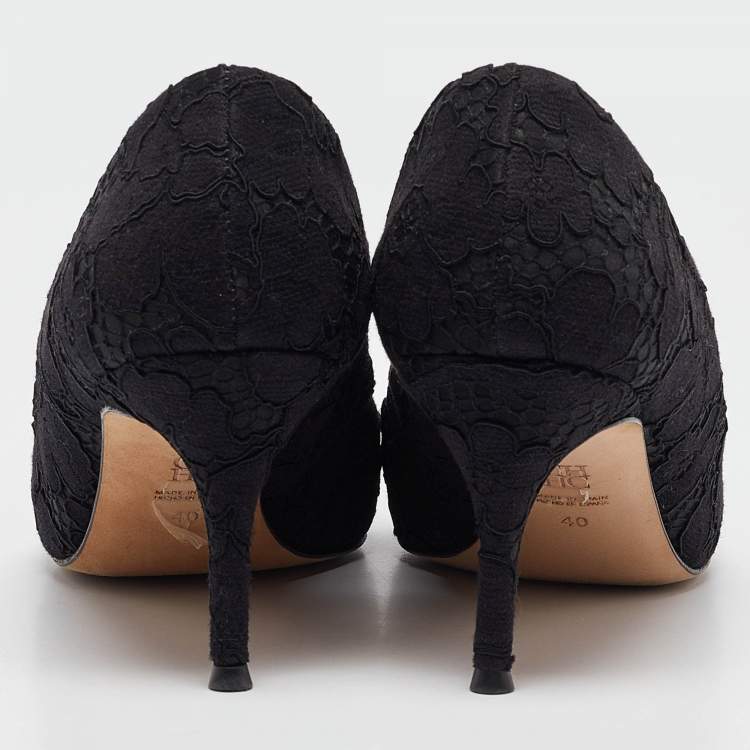 Pre Owned CH Carolina Herrera Black Lace and Mesh Crystal Embellished Pumps Size 40