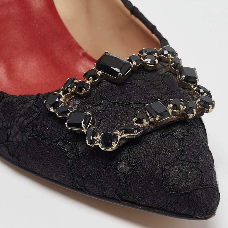 Pre Owned CH Carolina Herrera Black Lace and Mesh Crystal Embellished Pumps Size 40