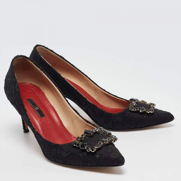 Pre Owned CH Carolina Herrera Black Lace and Mesh Crystal Embellished Pumps Size 40