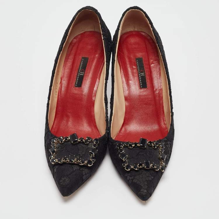 Pre Owned CH Carolina Herrera Black Lace and Mesh Crystal Embellished Pumps Size 40