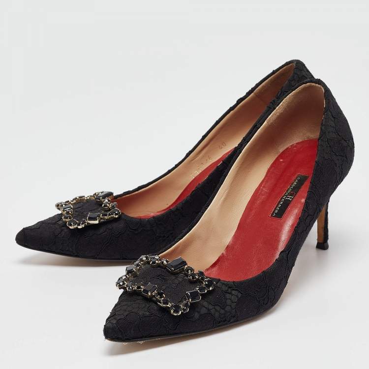Pre Owned CH Carolina Herrera Black Lace and Mesh Crystal Embellished Pumps Size 40