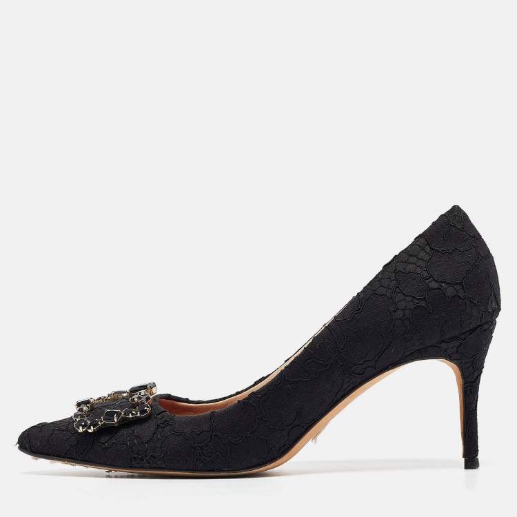 Pre Owned CH Carolina Herrera Black Lace and Mesh Crystal Embellished Pumps Size 40