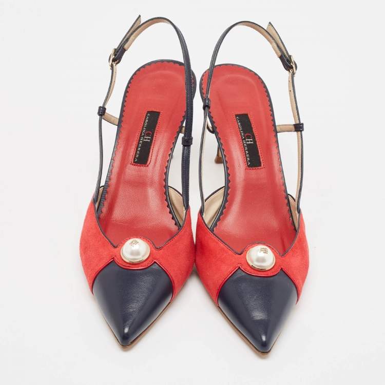 Pre Owned CH Carolina Herrera Red/Blue Suede and Leather Alligator  Pumps Size 39