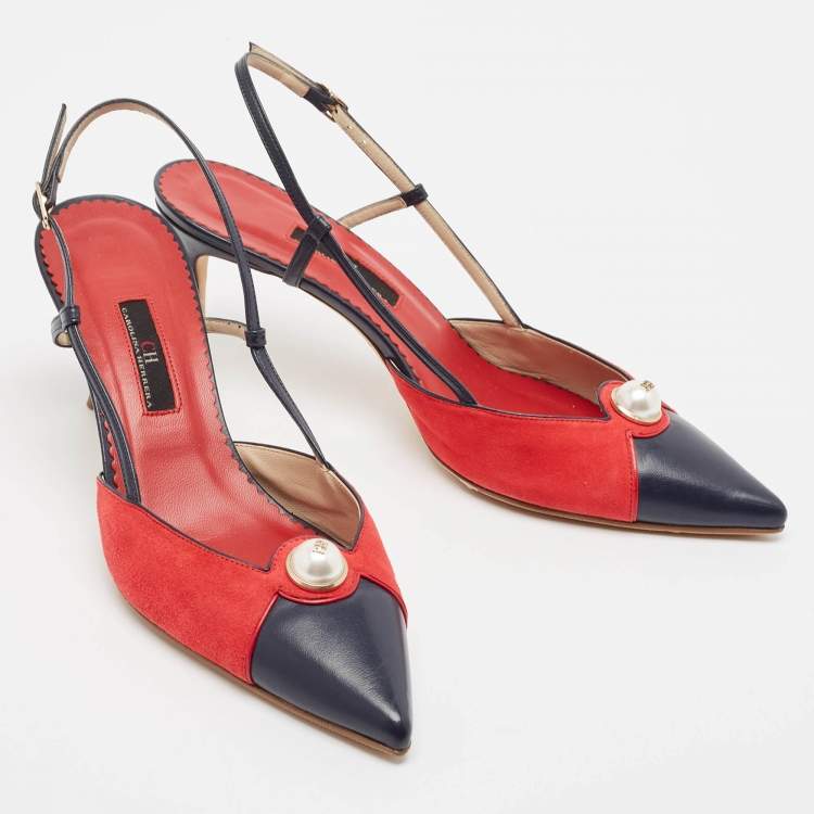 Pre Owned CH Carolina Herrera Red/Blue Suede and Leather Alligator  Pumps Size 39