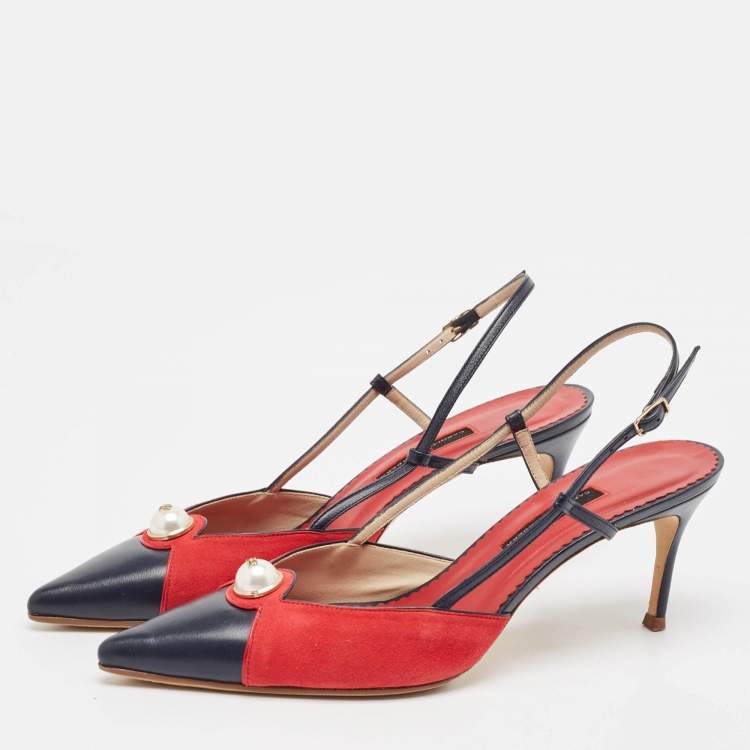 Pre Owned CH Carolina Herrera Red/Blue Suede and Leather Alligator  Pumps Size 39