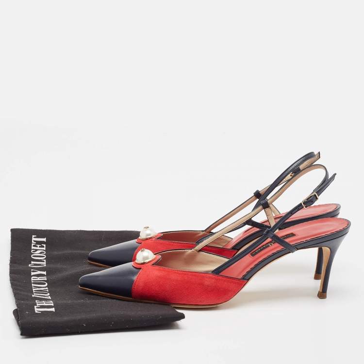Pre Owned CH Carolina Herrera Red/Blue Suede and Leather Alligator  Pumps Size 39