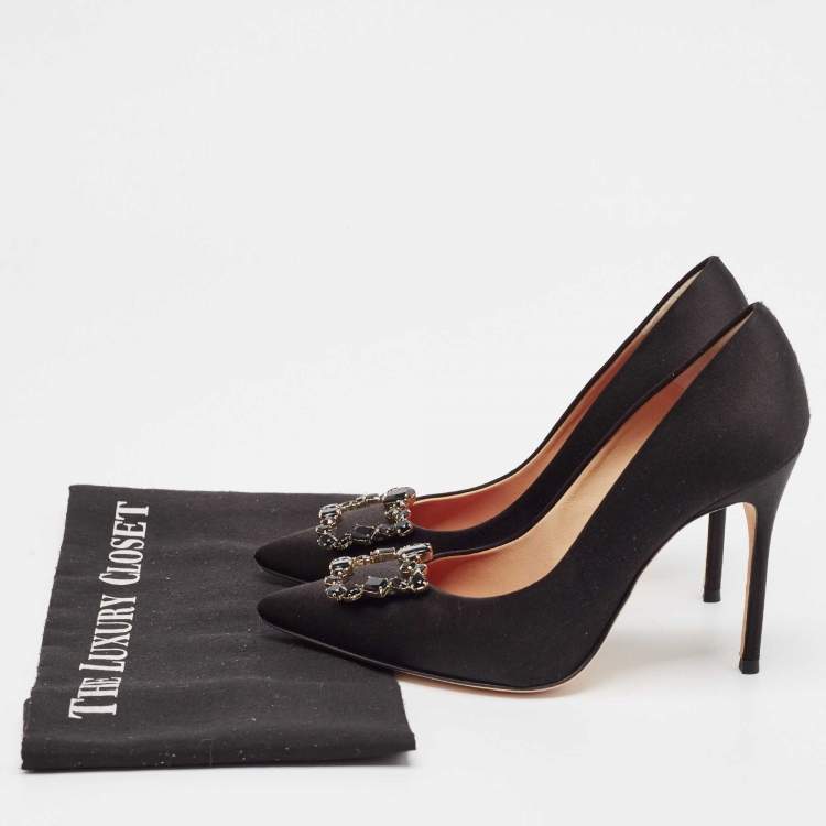 Pre Owned CH Carolina Herrera Black Satin Crystal Embellished Buckle Pumps Size 37