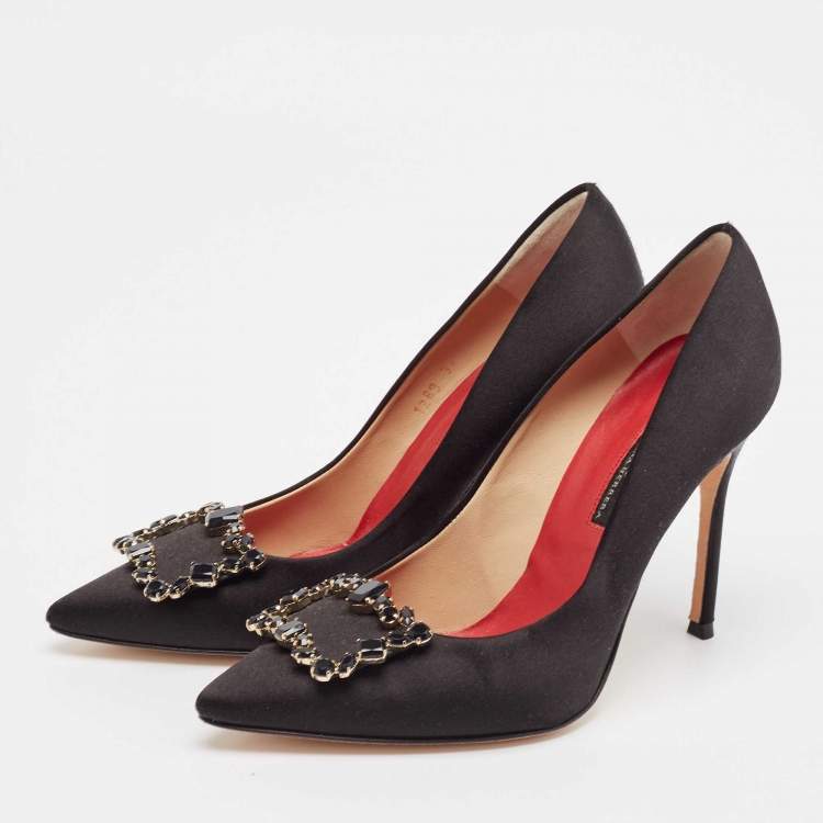 Pre Owned CH Carolina Herrera Black Satin Crystal Embellished Buckle Pumps Size 37