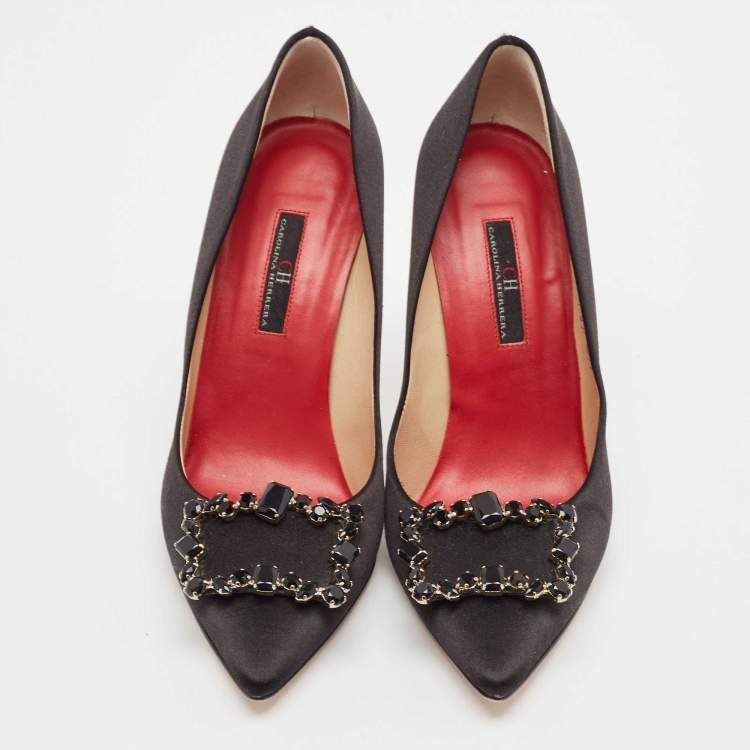 Pre Owned CH Carolina Herrera Black Satin Crystal Embellished Buckle Pumps Size 37
