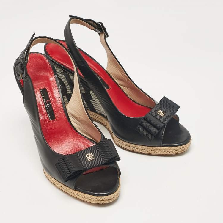Pre Owned CH Carolina Herrera Navy Blue/White Canvas and Leather Wedge Sandals Size 37