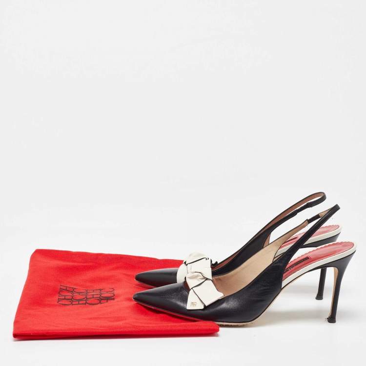 Pre Owned CH Carolina Herrera Black Leather Bow Detail Pointed-Toe Slingback Sandals Size 40