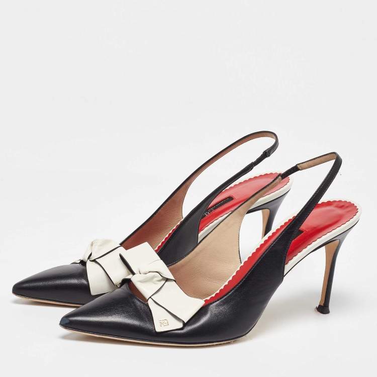 Pre Owned CH Carolina Herrera Black Leather Bow Detail Pointed-Toe Slingback Sandals Size 40