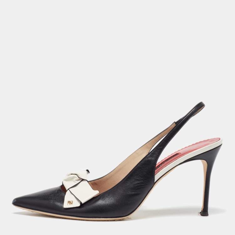 Pre Owned CH Carolina Herrera Black Leather Bow Detail Pointed-Toe Slingback Sandals Size 40