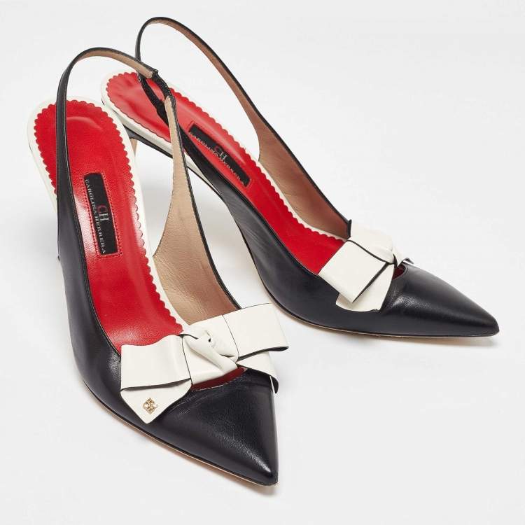 Pre Owned CH Carolina Herrera Black Leather Bow Detail Pointed-Toe Slingback Sandals Size 40