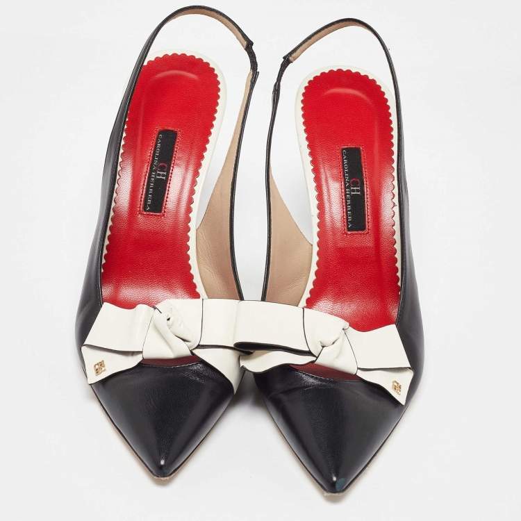 Pre Owned CH Carolina Herrera Black Leather Bow Detail Pointed-Toe Slingback Sandals Size 40