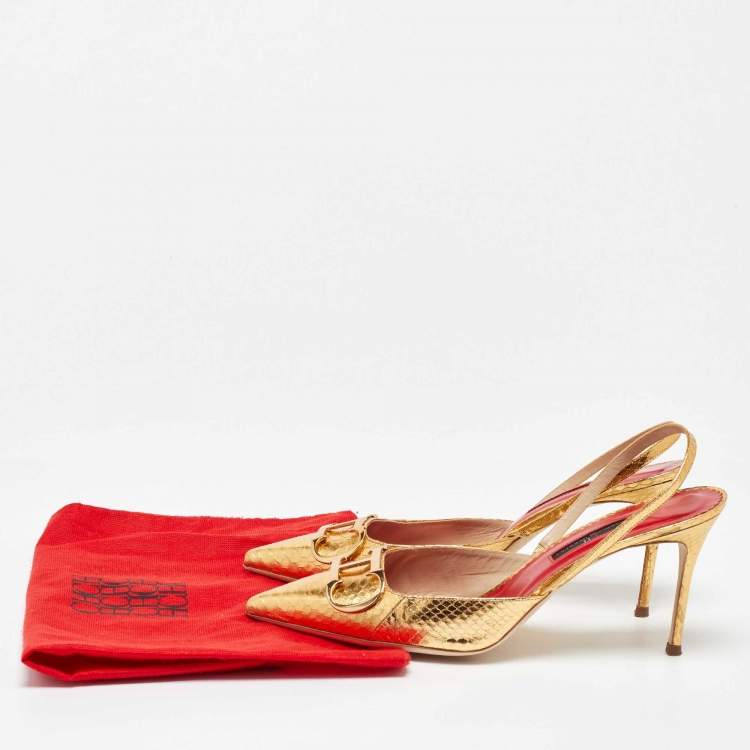 Pre Owned CH Carolina Herrera Gold Python Embossed Leather Slingback Pumps Size 41