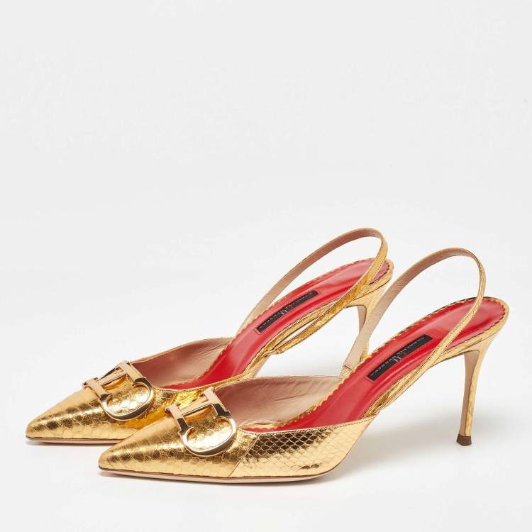 Pre Owned CH Carolina Herrera Gold Python Embossed Leather Slingback Pumps Size 41