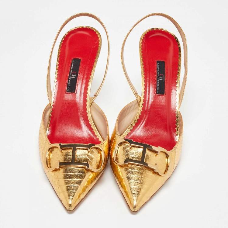 Pre Owned CH Carolina Herrera Gold Python Embossed Leather Slingback Pumps Size 41