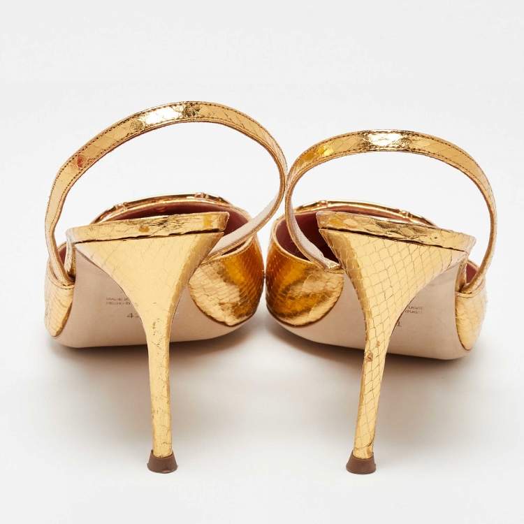Pre Owned CH Carolina Herrera Gold Python Embossed Leather Slingback Pumps Size 41