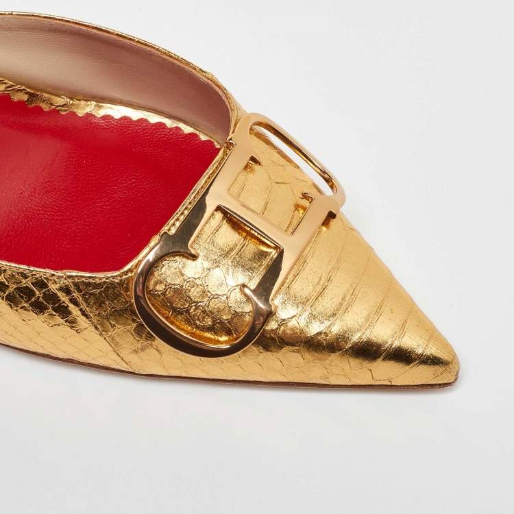 Pre Owned CH Carolina Herrera Gold Python Embossed Leather Slingback Pumps Size 41