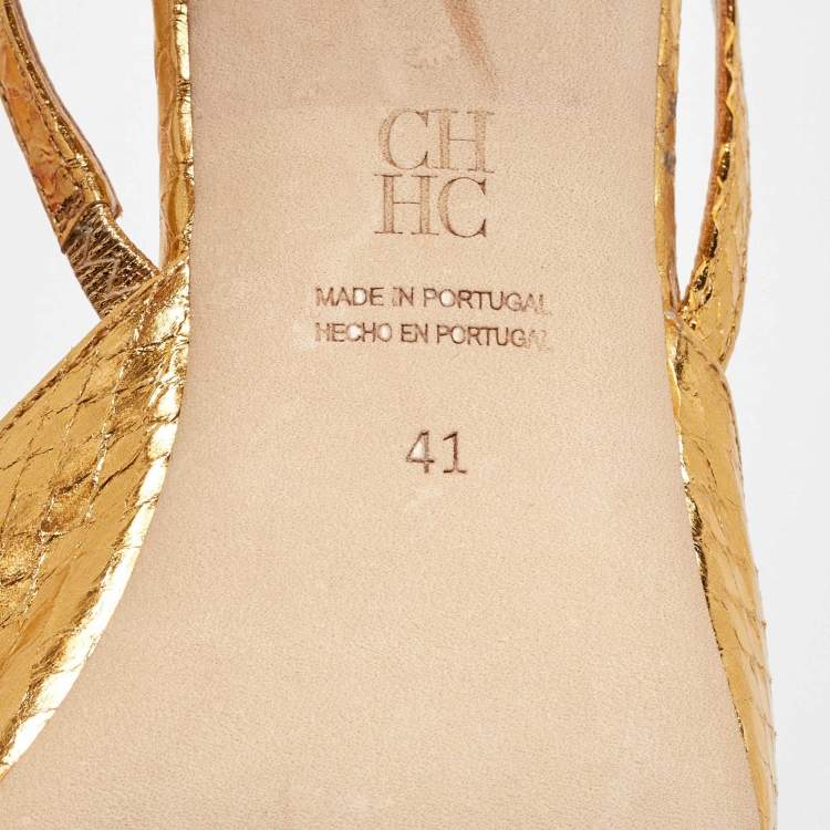 Pre Owned CH Carolina Herrera Gold Python Embossed Leather Slingback Pumps Size 41