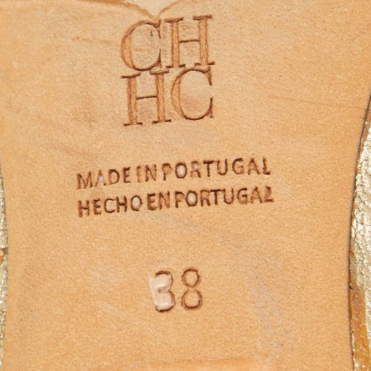 Pre Owned CH Carolina Herrera Gold/Grey Crystals Logo Slide Sandals Size 38 