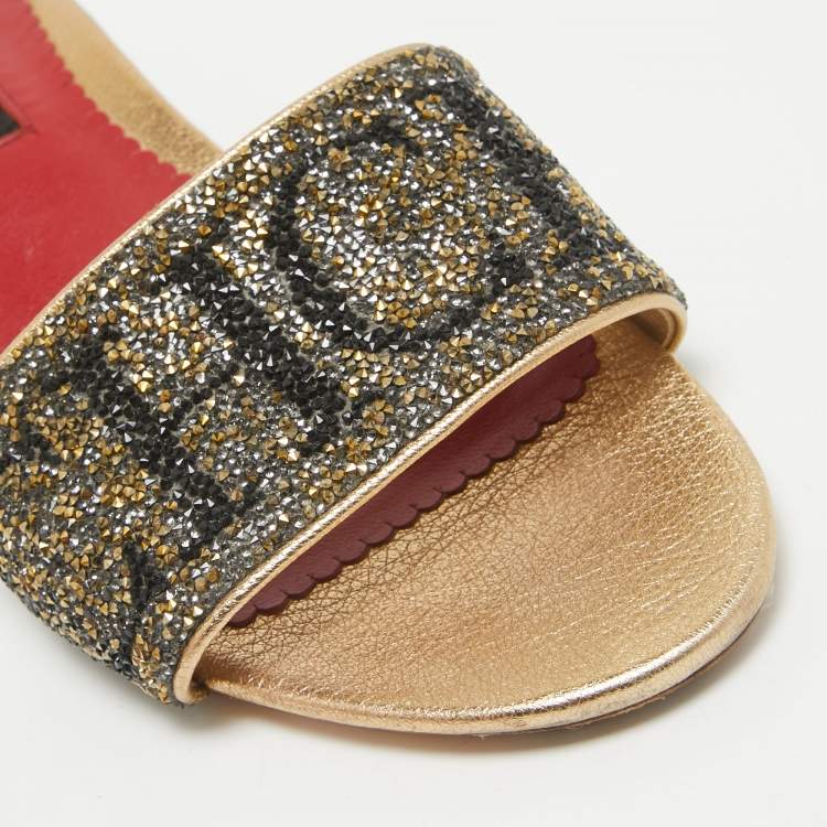 Pre Owned CH Carolina Herrera Gold/Grey Crystals Logo Slide Sandals Size 38 