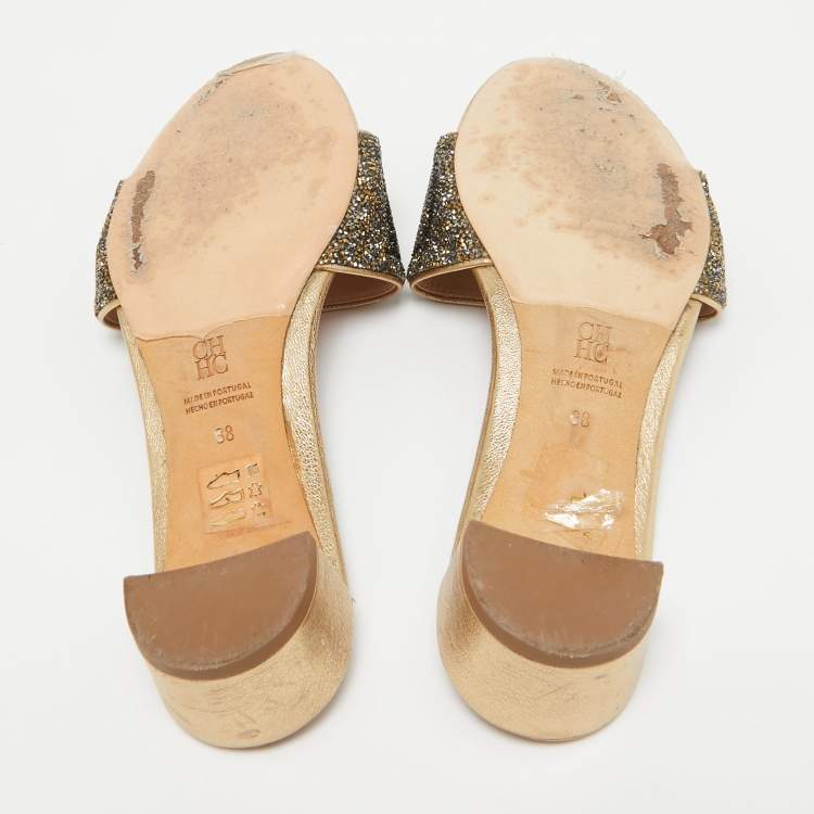 Pre Owned CH Carolina Herrera Gold/Grey Crystals Logo Slide Sandals Size 38 