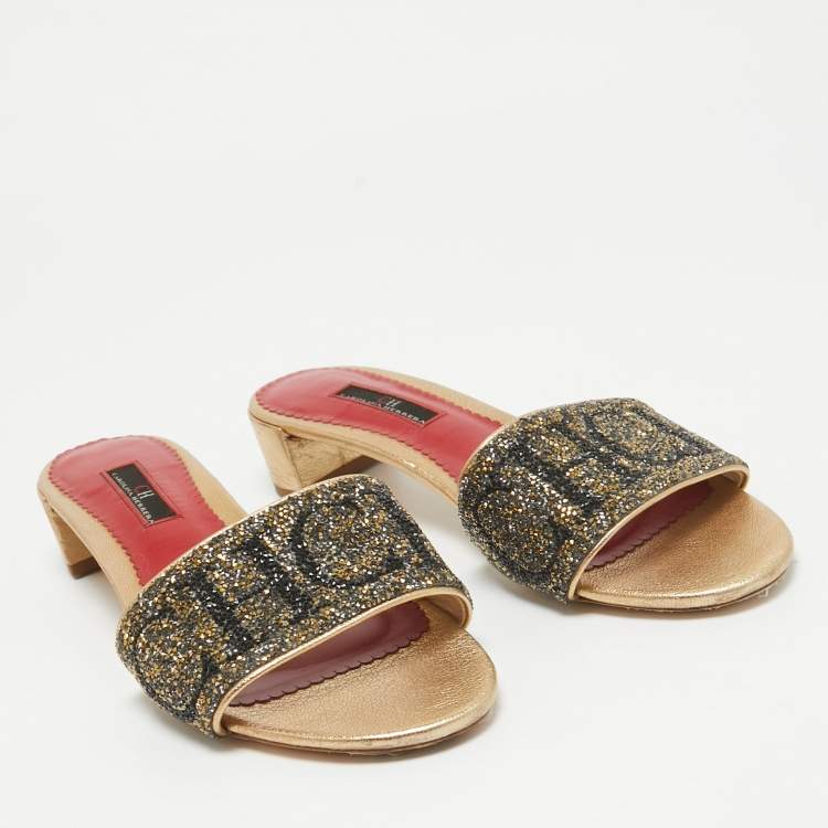 Pre Owned CH Carolina Herrera Gold/Grey Crystals Logo Slide Sandals Size 38 