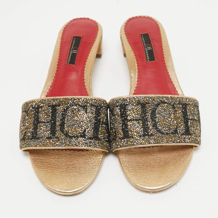 Pre Owned CH Carolina Herrera Gold/Grey Crystals Logo Slide Sandals Size 38 
