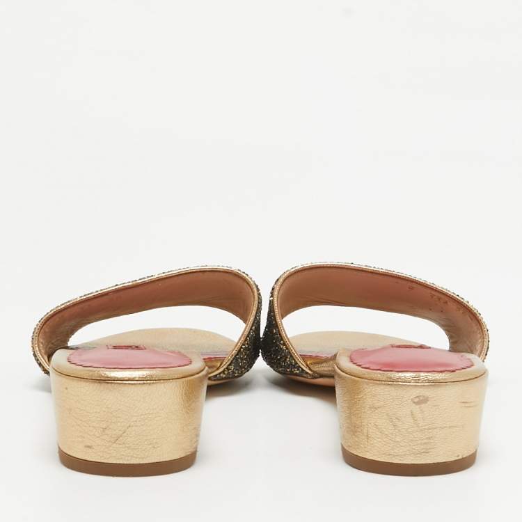 Pre Owned CH Carolina Herrera Gold/Grey Crystals Logo Slide Sandals Size 38 