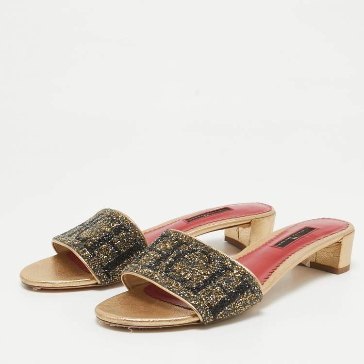 Pre Owned CH Carolina Herrera Gold/Grey Crystals Logo Slide Sandals Size 38 
