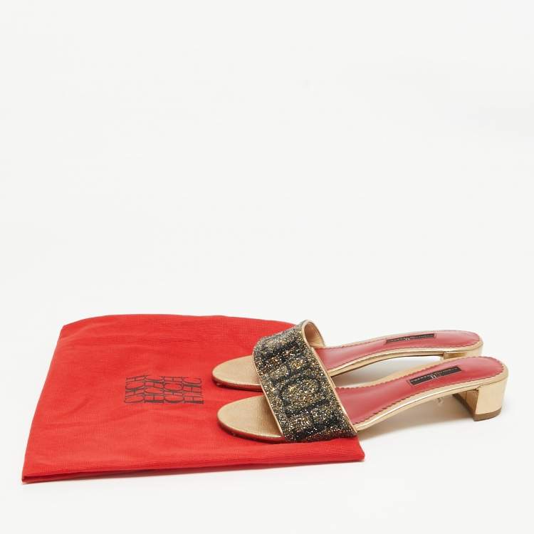 Pre Owned CH Carolina Herrera Gold/Grey Crystals Logo Slide Sandals Size 38 