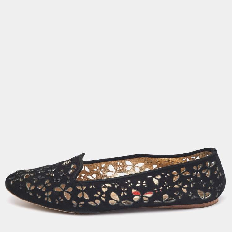 Pre Owned CH Carolina Herrera Black Lazer Cut Suede Smoking Slippers Size 40
