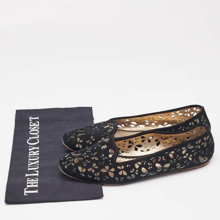 Pre Owned CH Carolina Herrera Black Lazer Cut Suede Smoking Slippers Size 40