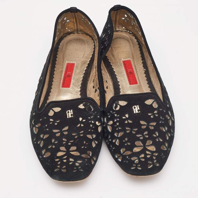 Pre Owned CH Carolina Herrera Black Lazer Cut Suede Smoking Slippers Size 40