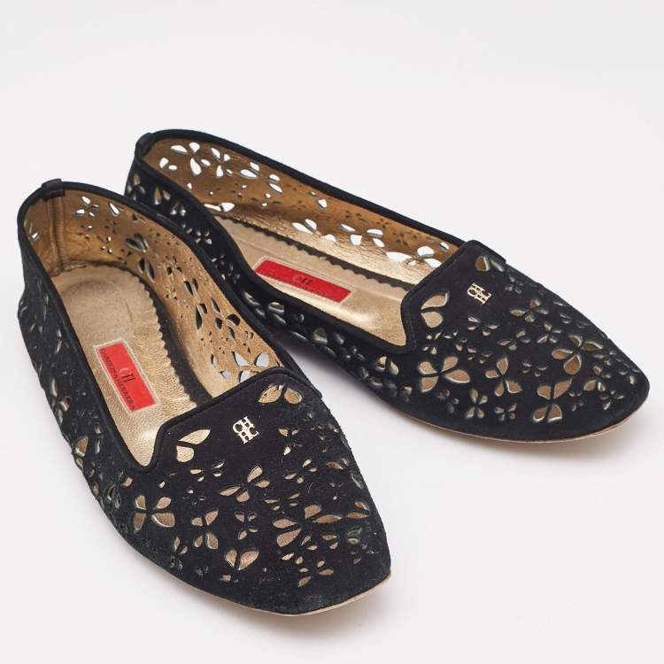 Pre Owned CH Carolina Herrera Black Lazer Cut Suede Smoking Slippers Size 40