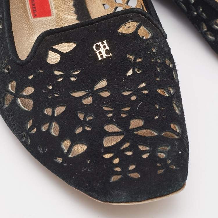 Pre Owned CH Carolina Herrera Black Lazer Cut Suede Smoking Slippers Size 40