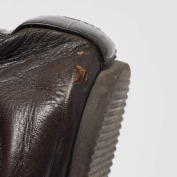 Pre Owned CH Carolina Herrera Brown Leather and Patent Cap Toe Bow Scrunch Ballet Flats Size 38