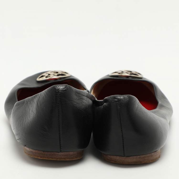 Pre Owned CH Carolina Herrera Black Leather Logo Embellished Ballet Flats Size 39