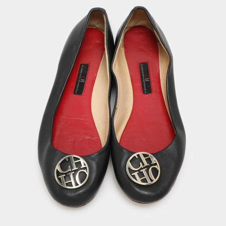 Pre Owned CH Carolina Herrera Black Leather Logo Embellished Ballet Flats Size 39