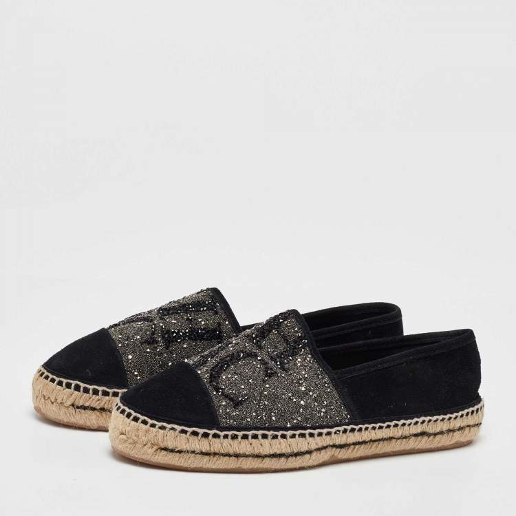 Pre Owned CH Carolina Herrera Black/Silver Crystal Embellished Suede Espadrille Flats Size 39