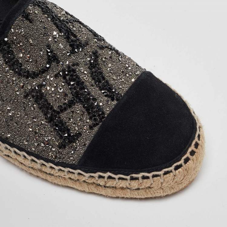 Pre Owned CH Carolina Herrera Black/Silver Crystal Embellished Suede Espadrille Flats Size 39