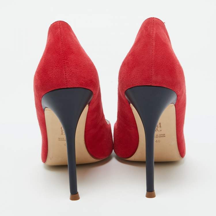 Pre Owned CH Carolina Herrera Red/Black Suede and Leather Pearl Pointed Toe Pumps Size 40