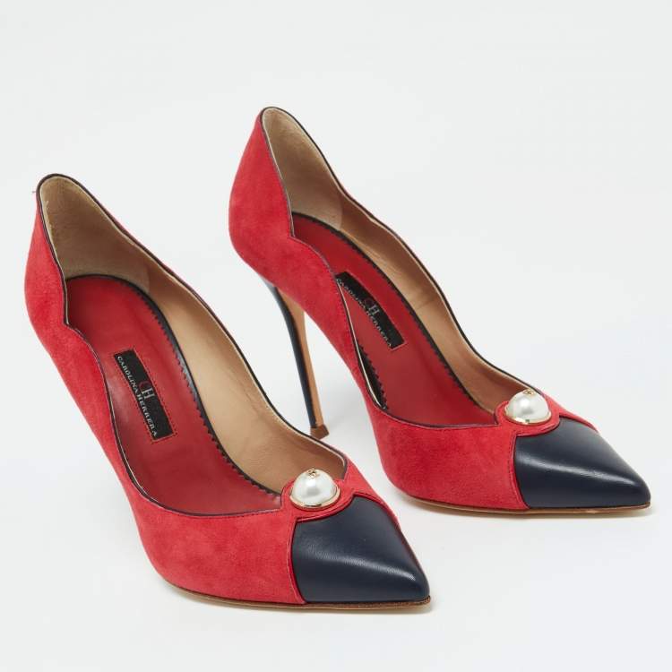 Pre Owned CH Carolina Herrera Red/Black Suede and Leather Pearl Pointed Toe Pumps Size 40