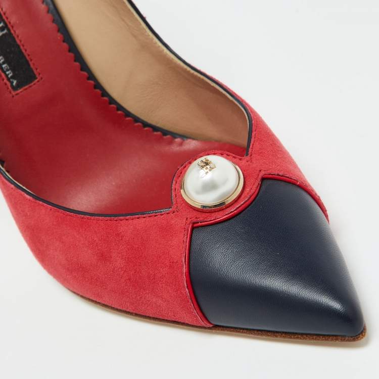 Pre Owned CH Carolina Herrera Red/Black Suede and Leather Pearl Pointed Toe Pumps Size 40
