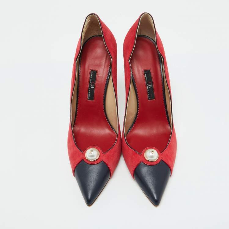 Pre Owned CH Carolina Herrera Red/Black Suede and Leather Pearl Pointed Toe Pumps Size 40
